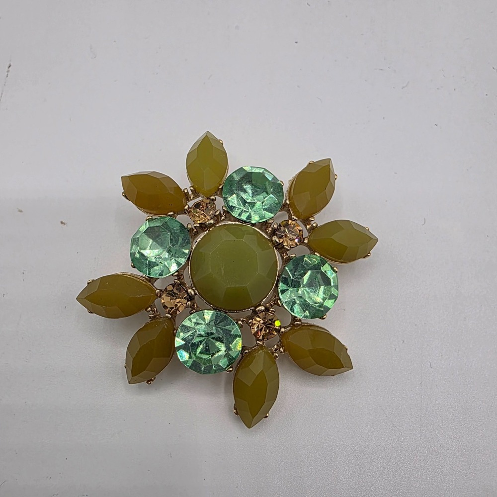 Vintage Womens Gold Tone Flower Green Yellow Rhinestones Brooch Pin 2" Art Wear